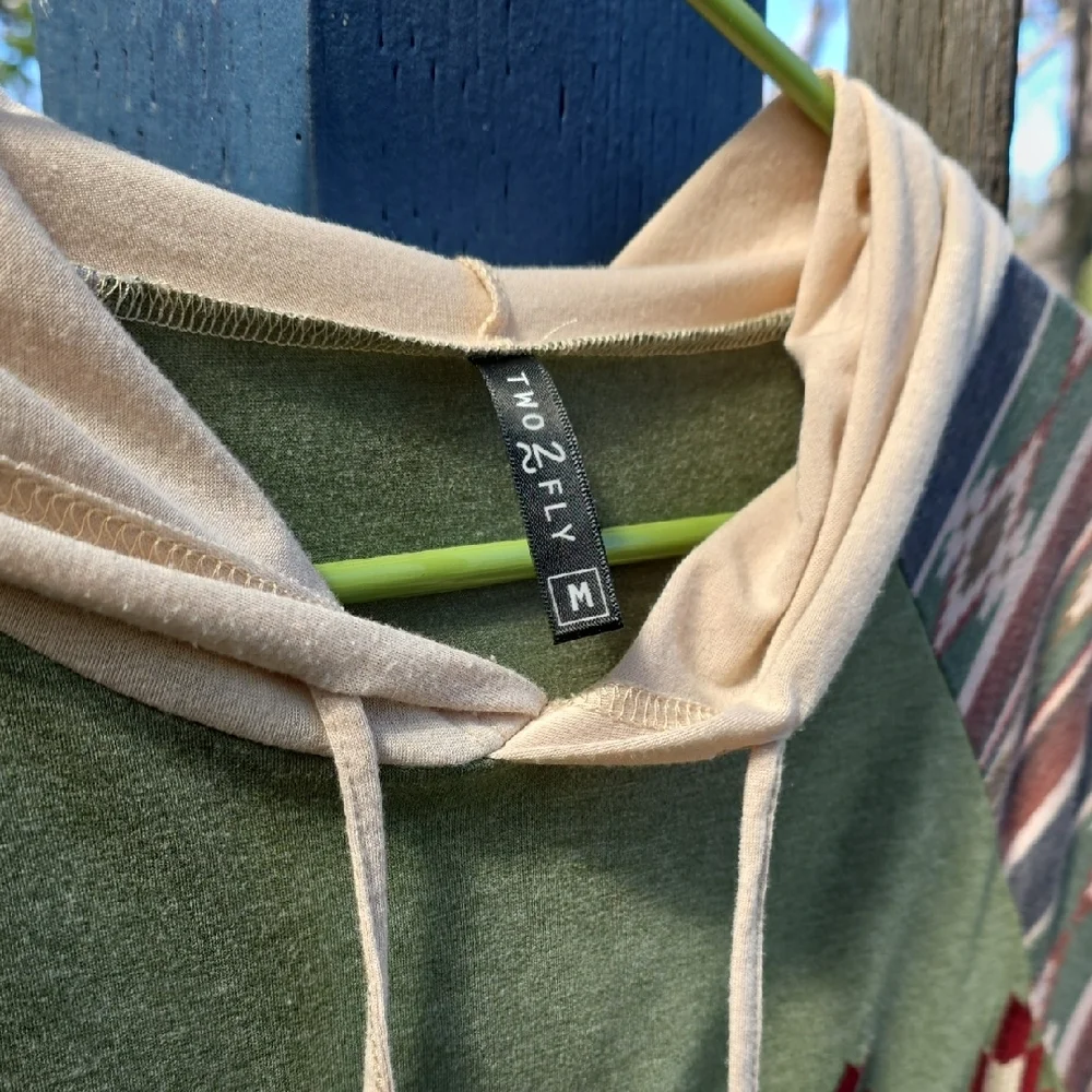 Two 2 Fly Olive Green Embroidered Aztec Pattern Hoodie With Pockets - Picture 2 of 10